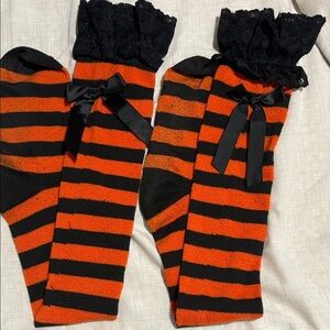FREE w/Purchase/Bundle-Black and Orange Striped Knee-High Socks with Lace